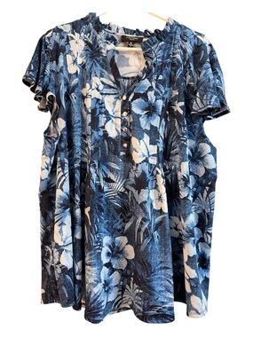 Cocomo Navy & White Floral Short-Sleeve Henley Tunic